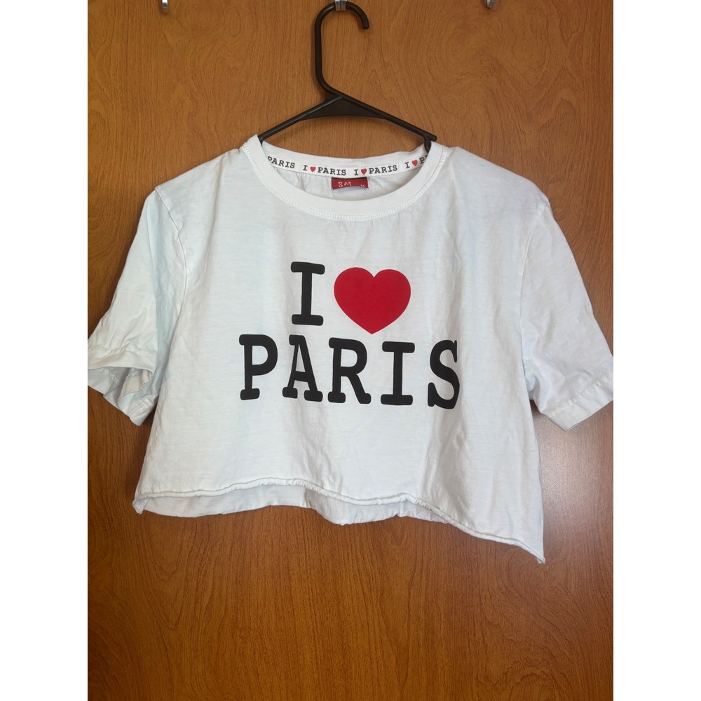 SM I Heart Paris White Graphic Crop Top Short Sleeve Raw Hem Tee Small